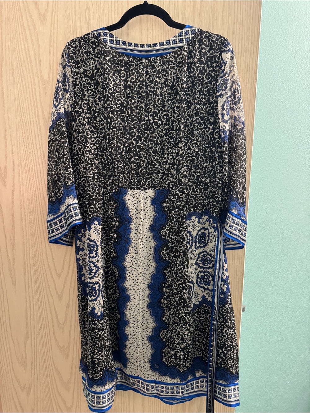 Silk Blue and Black Patterned V-Neck Women’s Dress